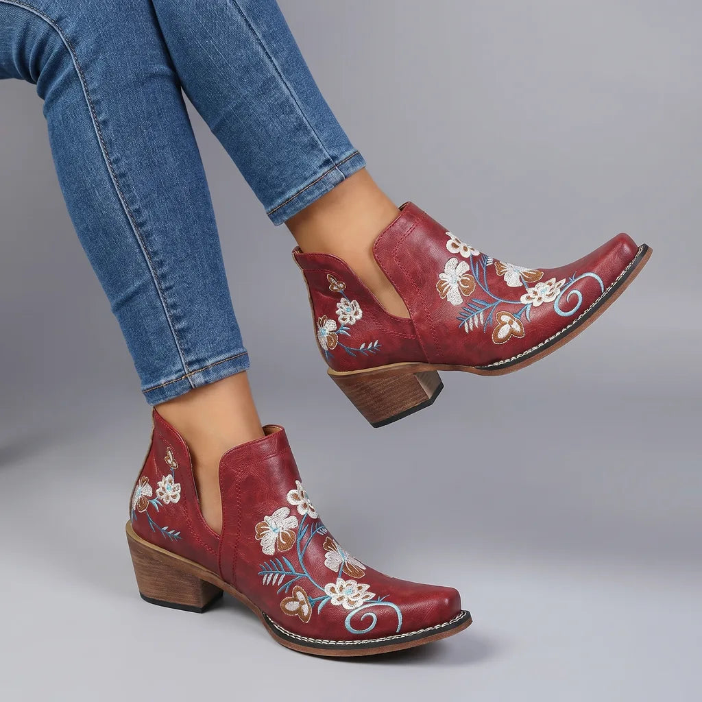 Selina | Women's Floral Ankle Western Boots  - Color:Red;Size:35