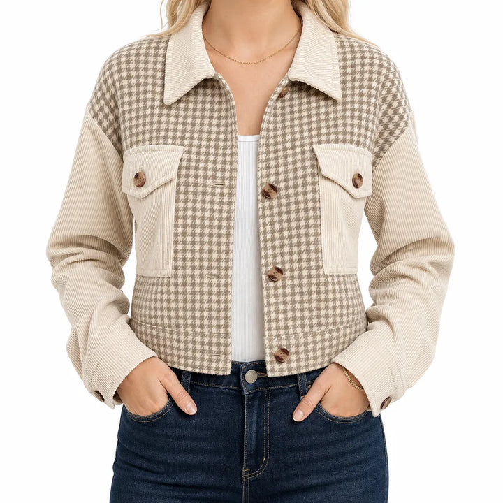 Sheila | Women's Cropped Plaid Jacket - Color:Beige;Size:XS