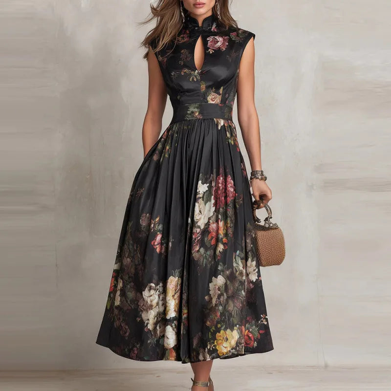 Sidney | Women's Floral Satin Midi Dress   - Black