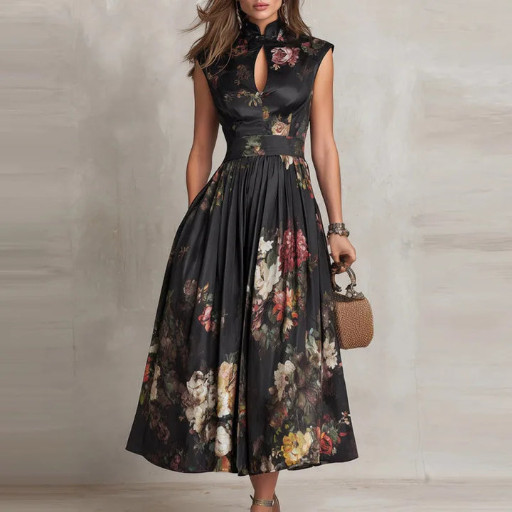 Sidney | Women's Floral Satin Midi Dress   - Black