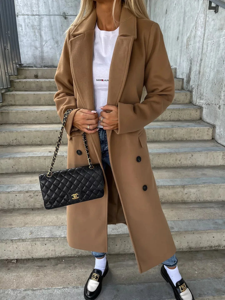 Siena | Women's Belted Double-Breasted Long Coat   - Color:Camel;Size:XS