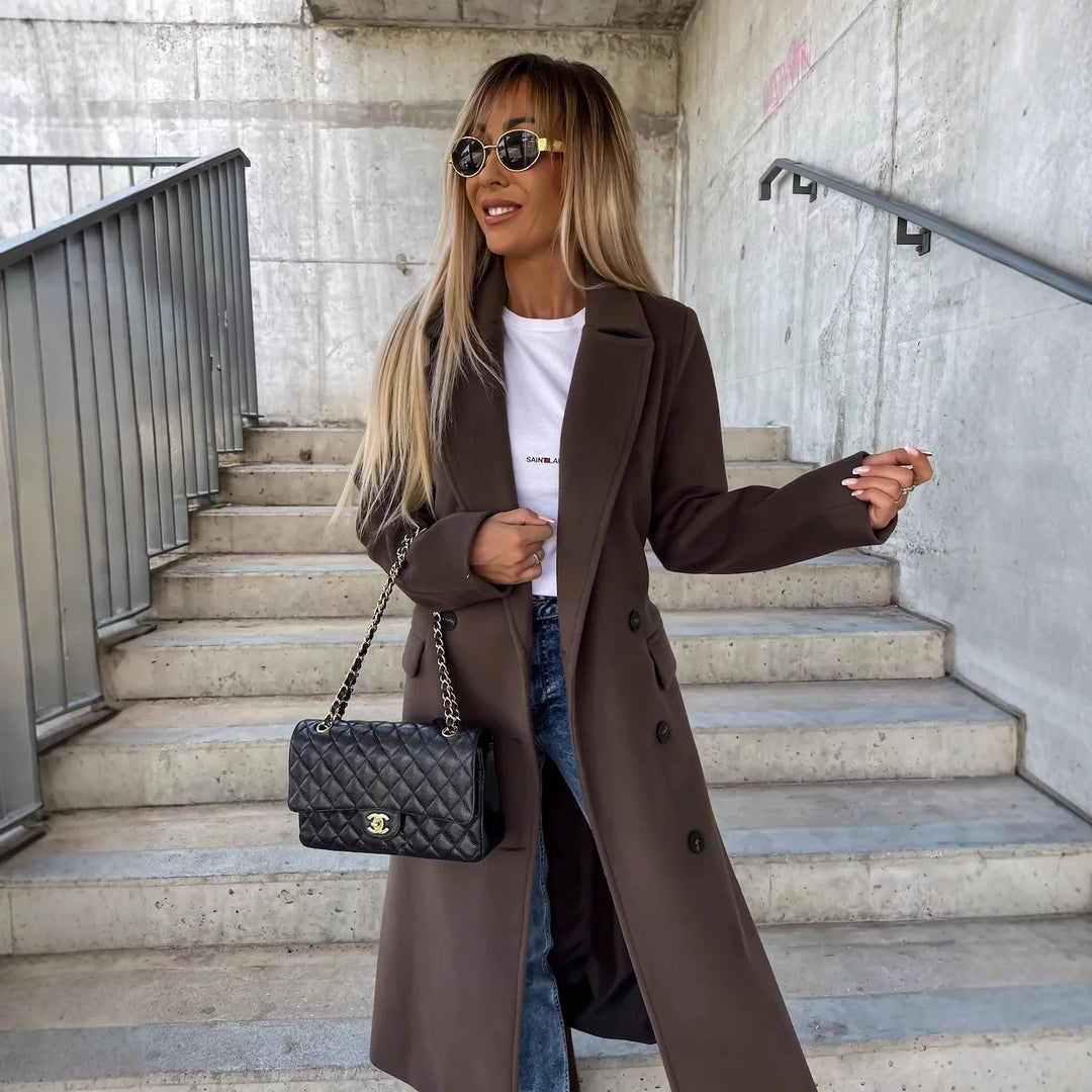 Siena | Women's Belted Double-Breasted Long Coat   - Color:Chocolate Brown;Size:XS