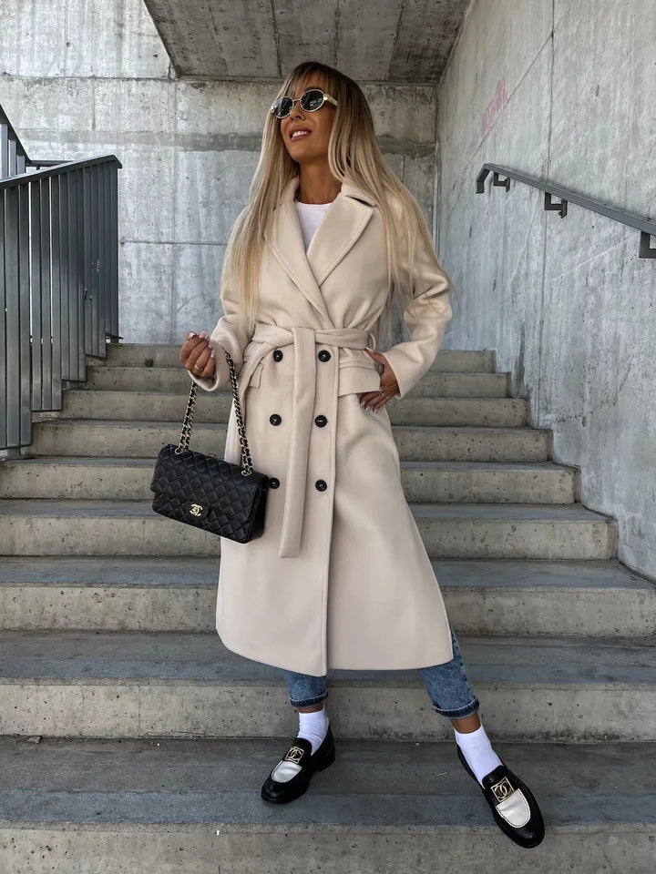 Siena | Women's Belted Double-Breasted Long Coat   - Color:Cream;Size:XS