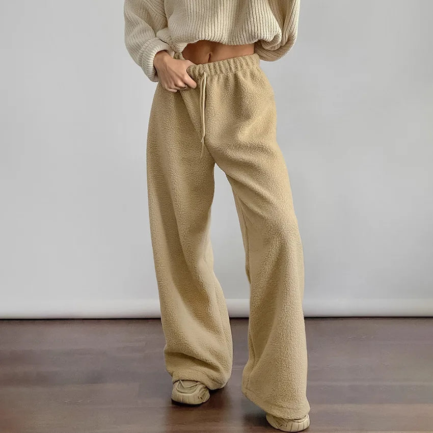 Sienna | Women Soft Wide Leg Fleece Sweatpants  - Color:Khaki;Size:XS