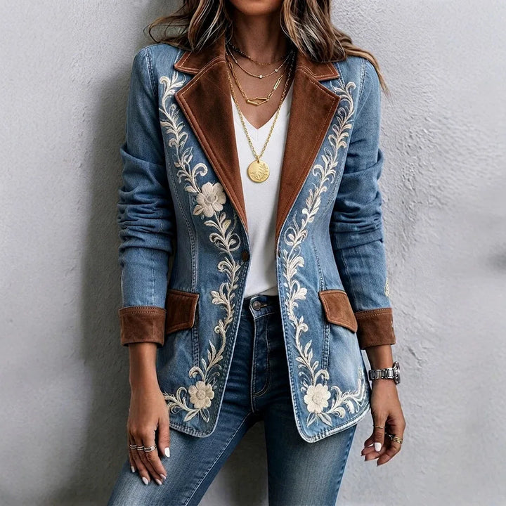 Sierra | Women's Embroidered Suede-Lapel Denim Jacket - Blue