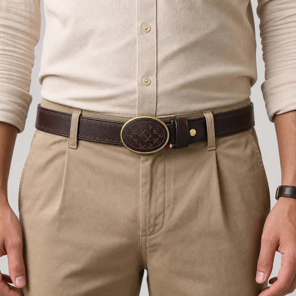 Men's Brown Aylward Engraved Leather Belt