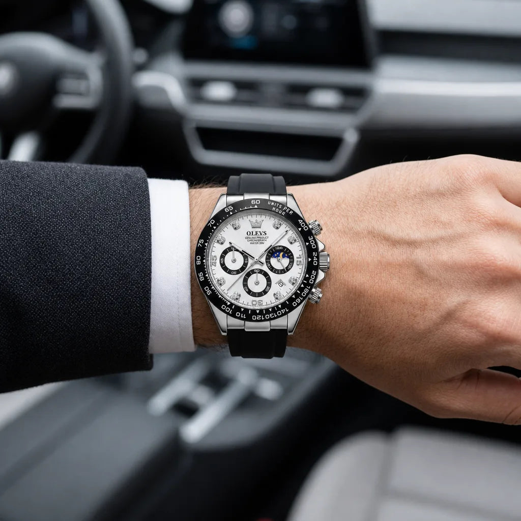 Men's 2875 Black Silicone Strap / Silver Tone Case / White Dial Rosenthal Sport Chronograph Watch