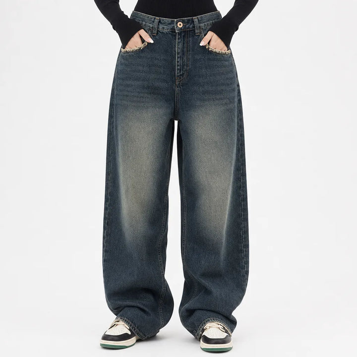 Women's Blue Bedford Cotton Wide Leg Jeans