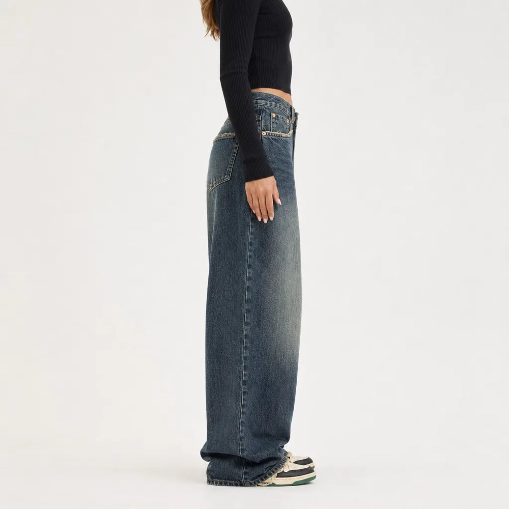 Women's Blue Bedford Cotton Wide Leg Jeans