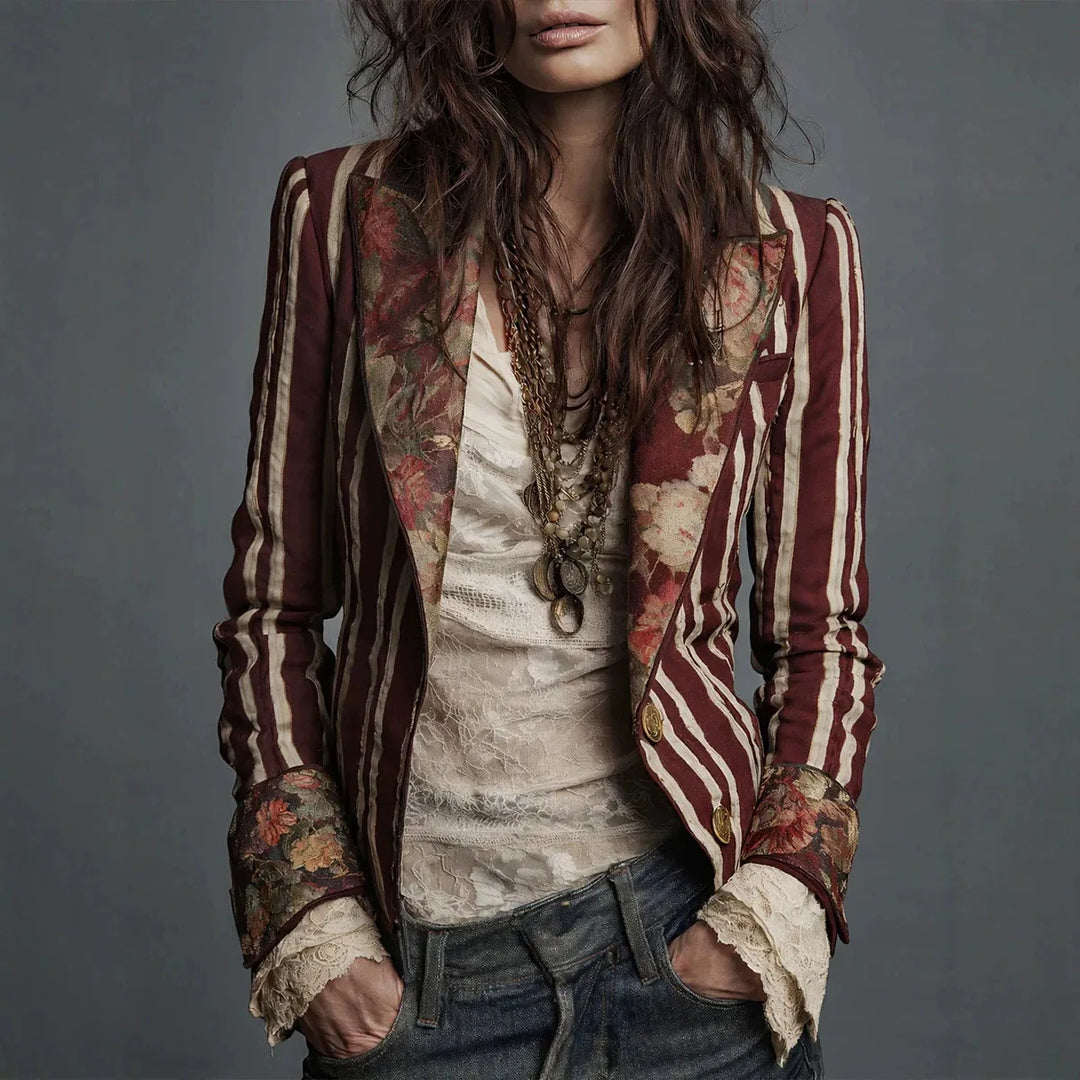 Star | Women's Retro Bohemian Blazer Jacket - Color:Claret;Size:S