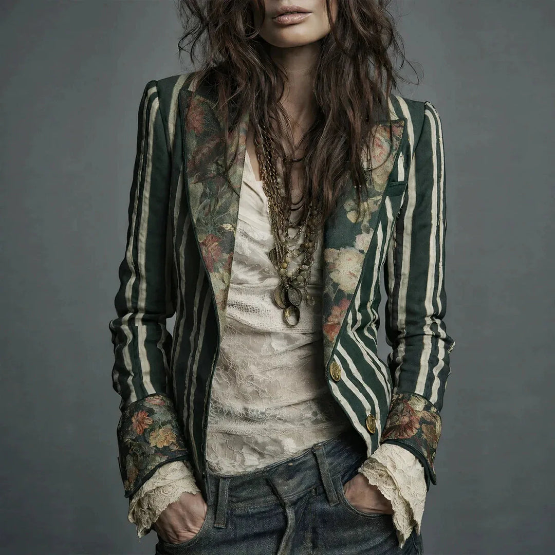 Star | Women's Retro Bohemian Blazer Jacket - Color:Dark Green;Size:S