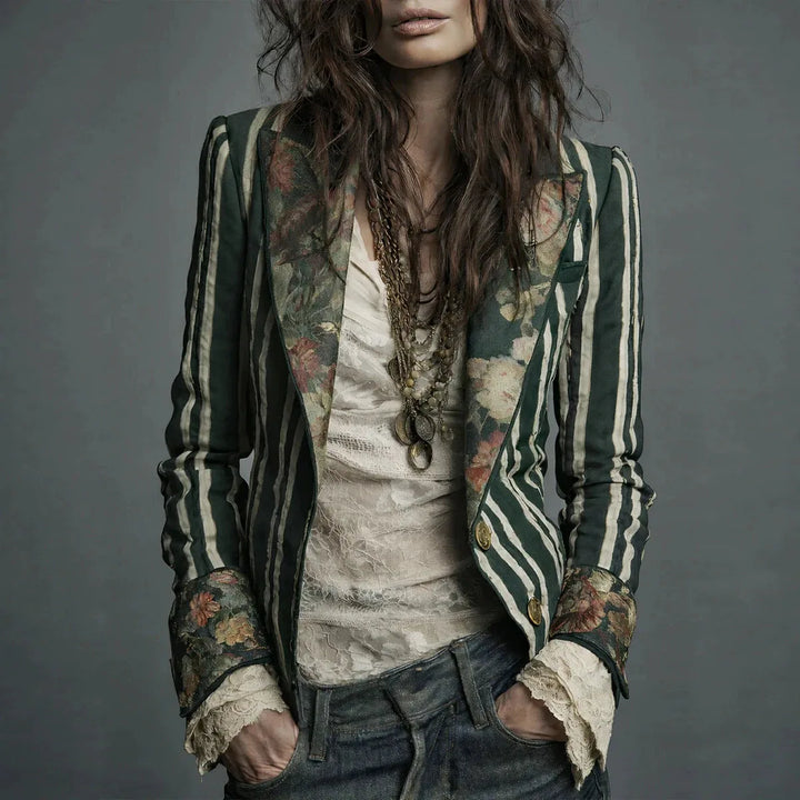 Star | Women's Retro Bohemian Blazer Jacket - Color:Dark Green;Size:S