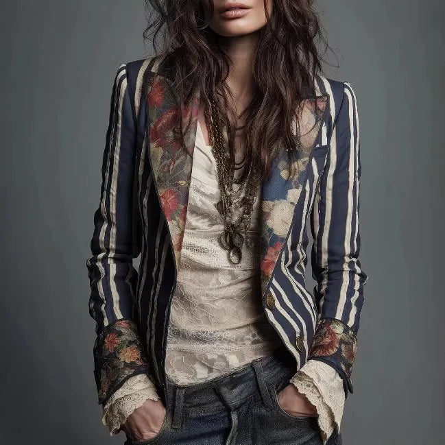 Star | Women's Retro Bohemian Blazer Jacket - Color:Navy Blue;Size:S