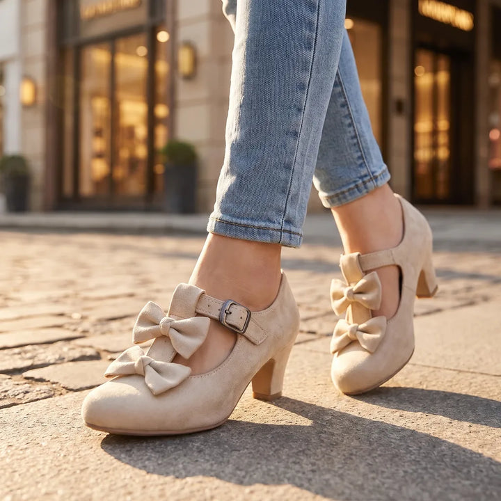Women's Beige Ogden Bow T-Strap Pumps