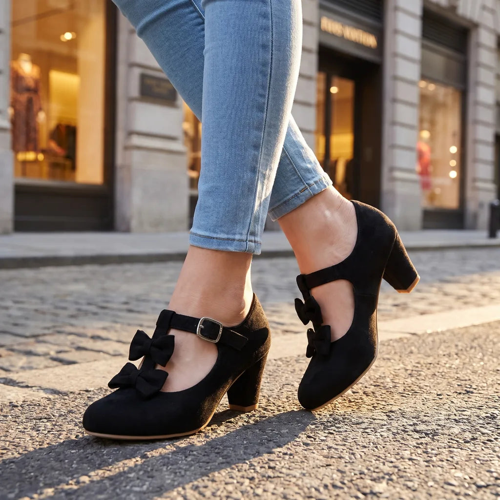 Women's Black Ogden Bow T-Strap Pumps