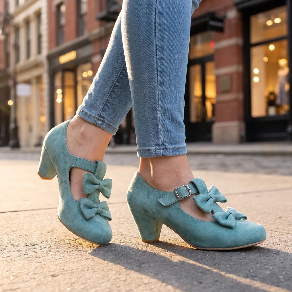 Women's Blue Ogden Bow T-Strap Pumps