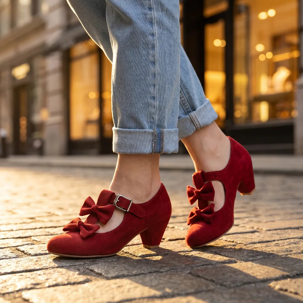 Women's Red Ogden Bow T-Strap Pumps