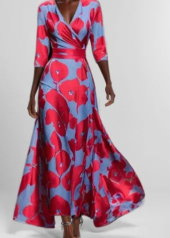 Syeda | Women's Floral Evening Maxi Dress  - Size:S;Color:Red/Blue