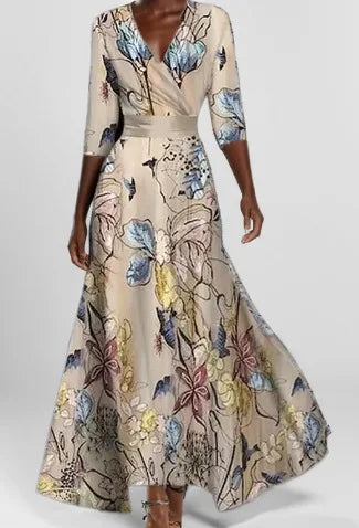 Syeda | Women's Floral Evening Maxi Dress  - Size:S;Color:Sand/Beige