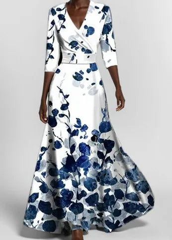 Syeda | Women's Floral Evening Maxi Dress  - Size:S;Color:White/Blue