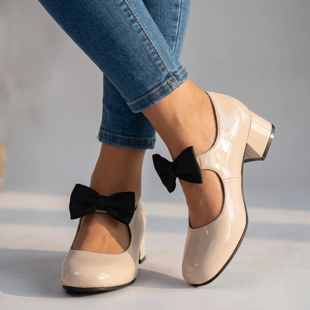 Sylvia | Women's Bow-Tie Mary Jane Heels - Color:Apricot;Size:35
