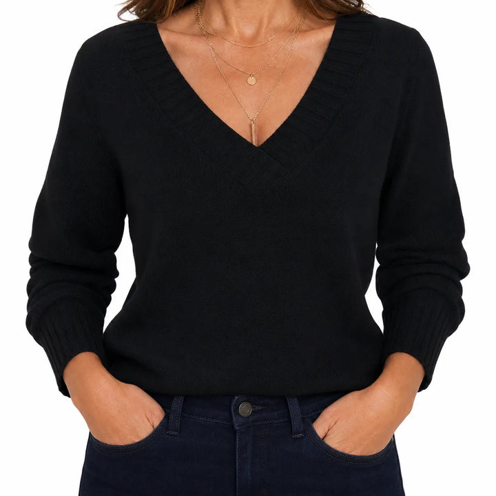 Sylvie |  Soft Knit V-Neck Fall Sweater - Color:Black;Size:XS