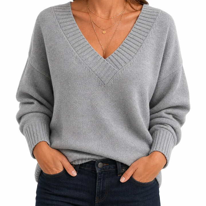 Sylvie |  Soft Knit V-Neck Fall Sweater - Color:Gray;Size:XS
