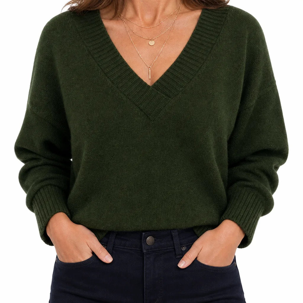 Sylvie |  Soft Knit V-Neck Fall Sweater - Color:Green;Size:XS