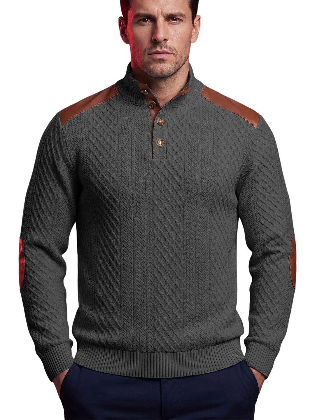 Tegan | Men's Cable-Knit Patch Sweater  - Color:Deep Gray;Size:XS