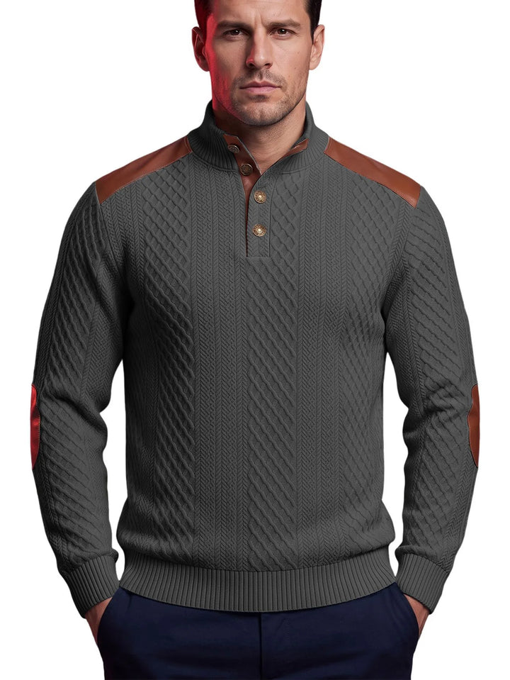 Tegan | Men's Cable-Knit Patch Sweater  - Color:Deep Gray;Size:XS