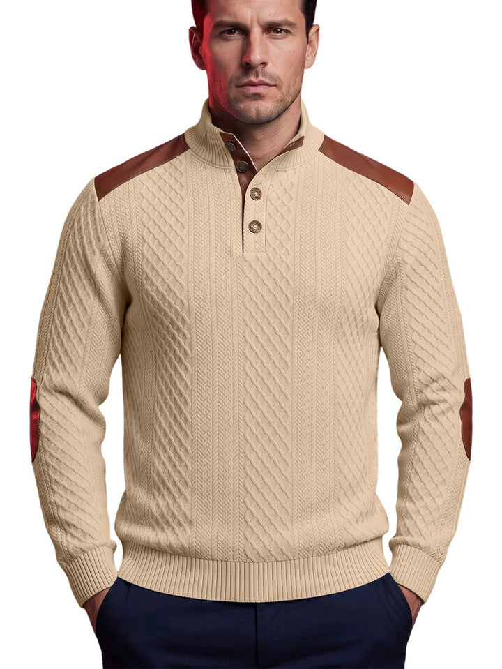 Tegan | Men's Cable-Knit Patch Sweater  - Color:Khaki;Size:XS