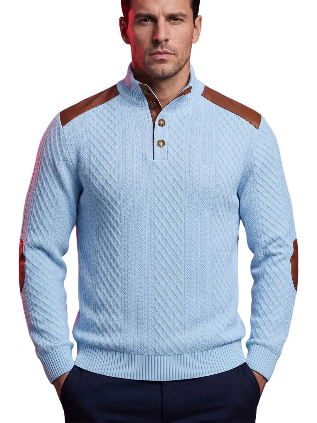 Tegan | Men's Cable-Knit Patch Sweater  - Color:Light Blue;Size:XS