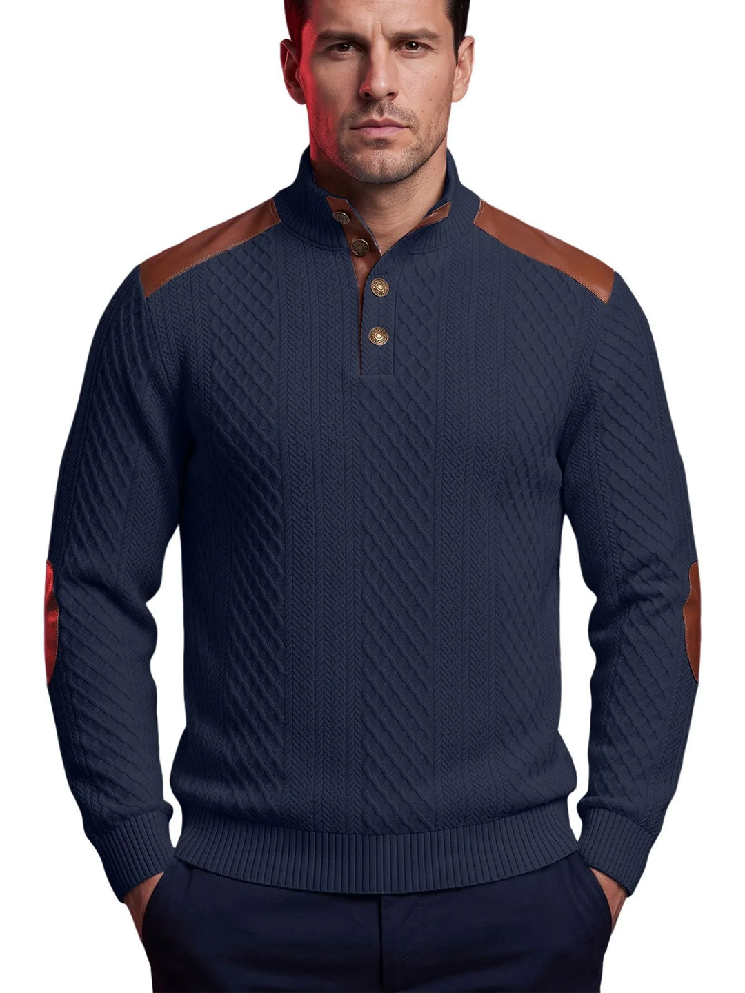 Tegan | Men's Cable-Knit Patch Sweater  - Color:Navy Blue;Size:XS