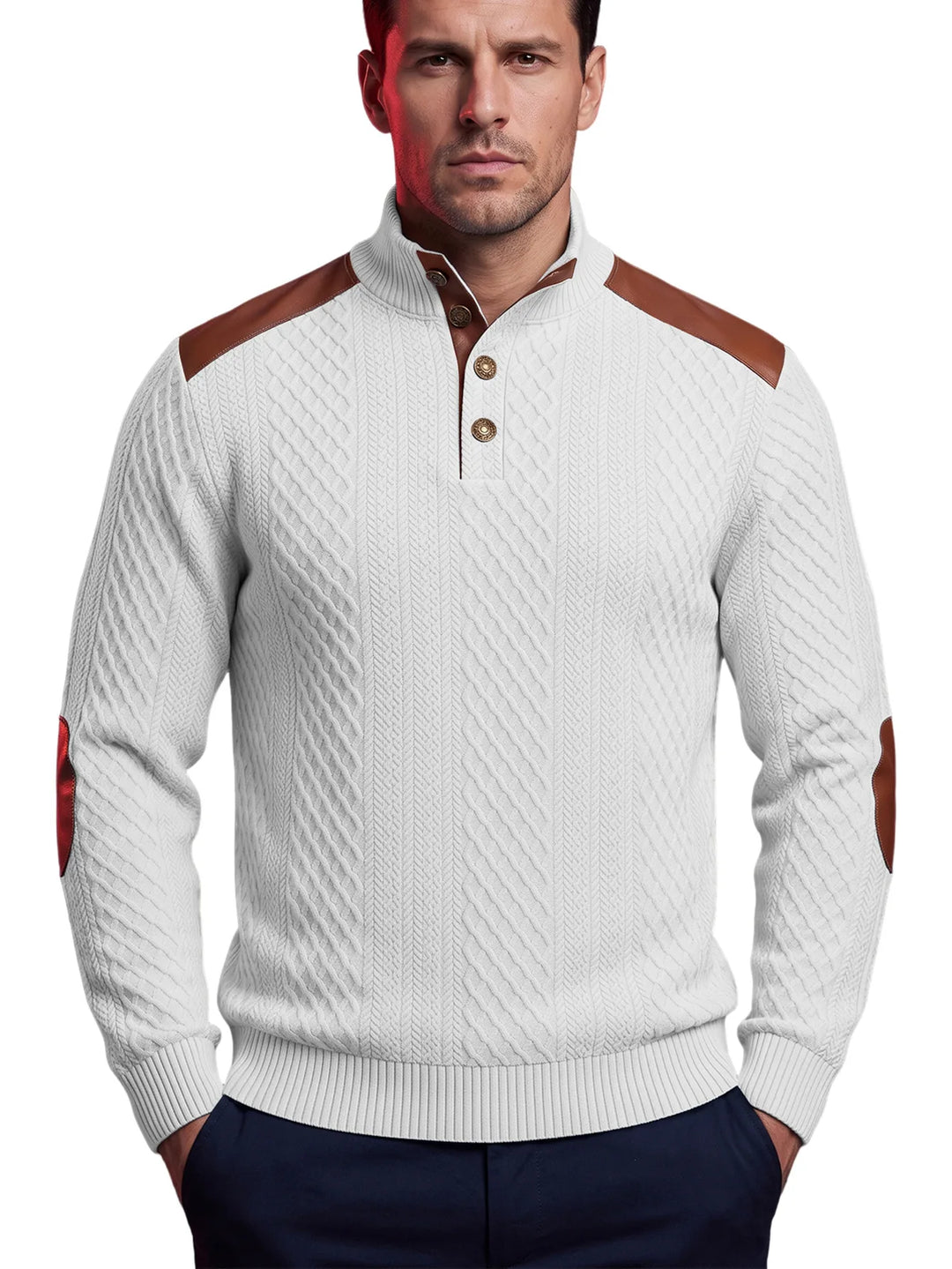 Tegan | Men's Cable-Knit Patch Sweater  - Color:White;Size:XS