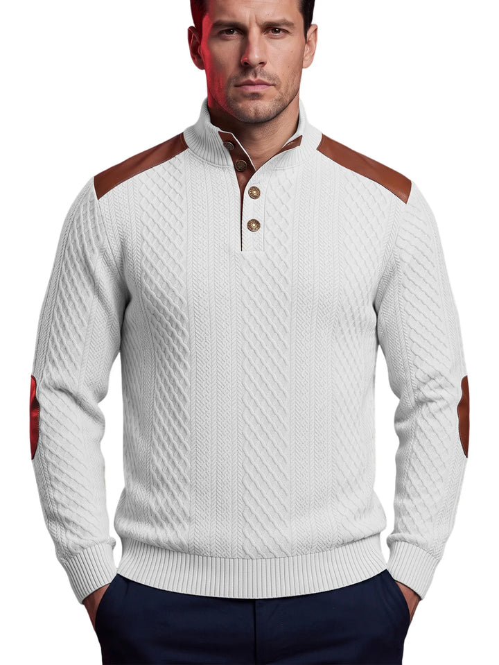 Tegan | Men's Cable-Knit Patch Sweater  - Color:White;Size:XS