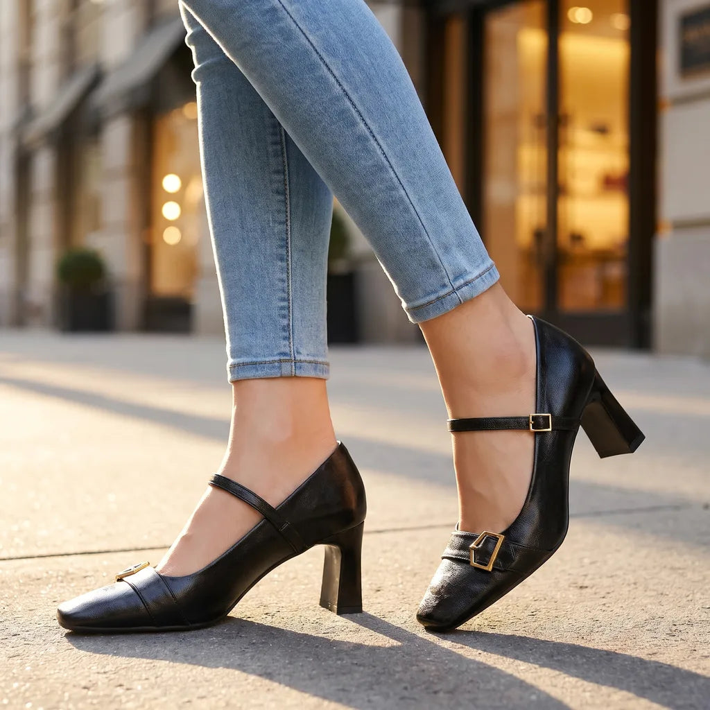 Women's Black Olivia Buckle Strap Pumps