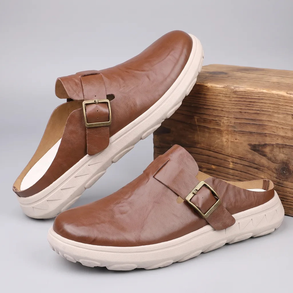 Men's Brown Bowen Leather Buckle Mules
