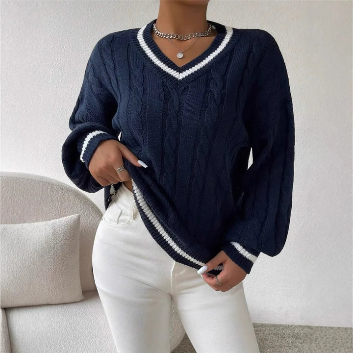 Thea | Women's Cable Knit Sweater - Color:Navy Blue;Size:XS