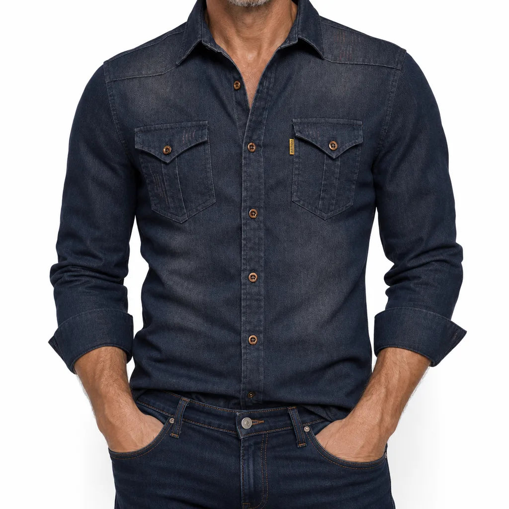 Theo | Men's Fall Western Denim Shirt - Color:Black;Size:XS