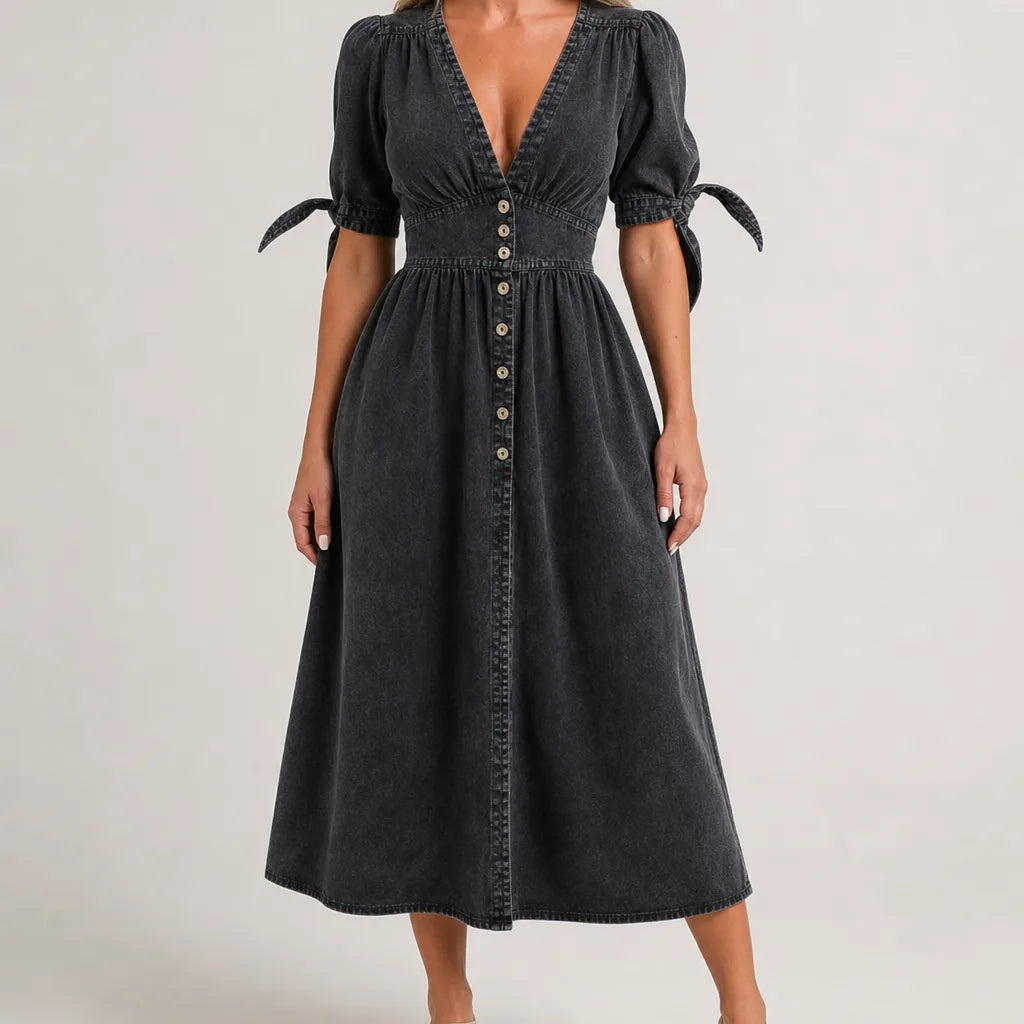 Théodora | Vintage Button Front Flare Denim Dress - Color:Black;Size:XS