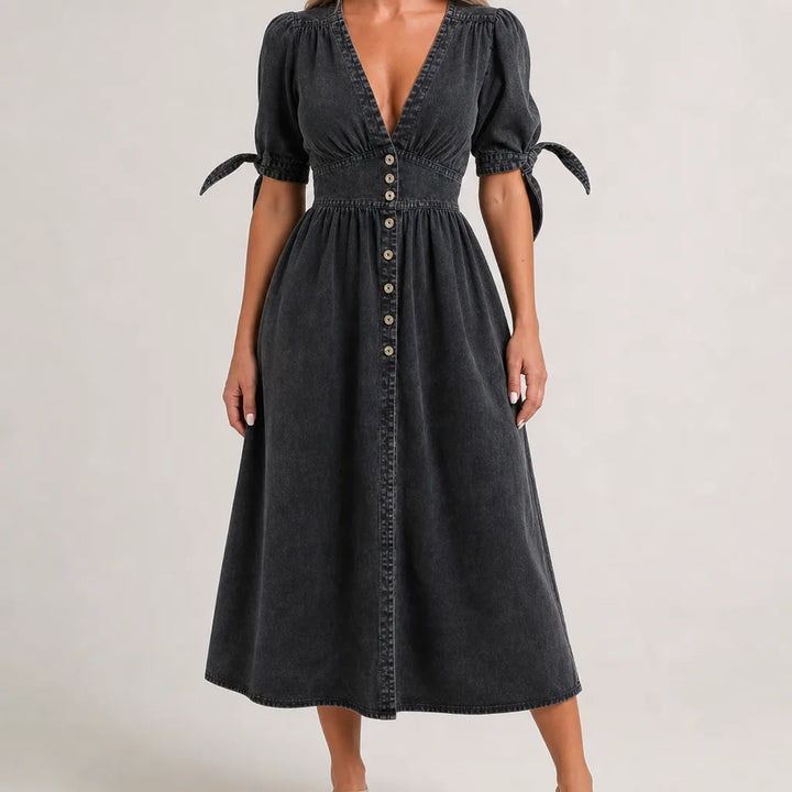 Théodora | Vintage Button Front Flare Denim Dress - Color:Black;Size:XS