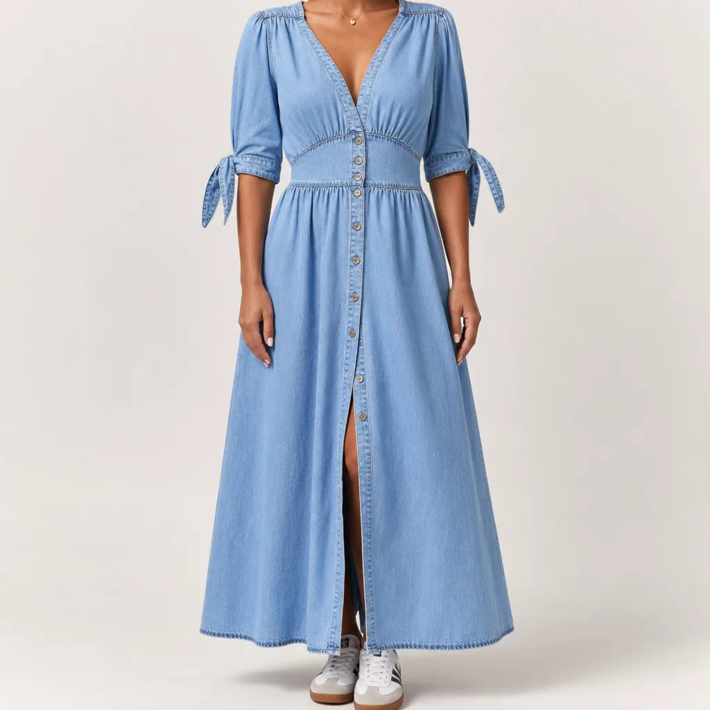 Théodora | Vintage Button Front Flare Denim Dress - Color:Blue;Size:XS
