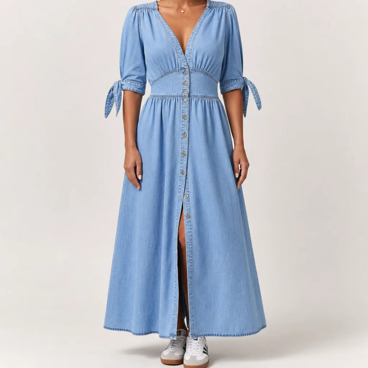 Théodora | Vintage Button Front Flare Denim Dress - Color:Blue;Size:XS