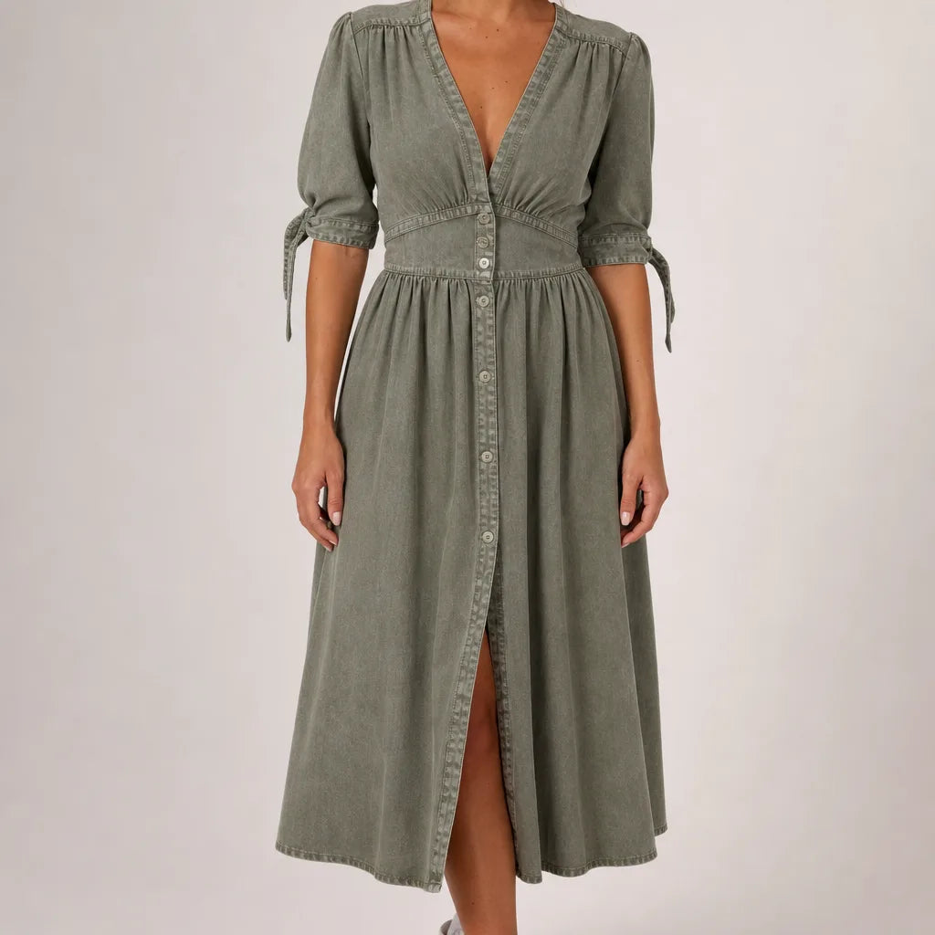 Théodora | Vintage Button Front Flare Denim Dress - Color:Green;Size:XS