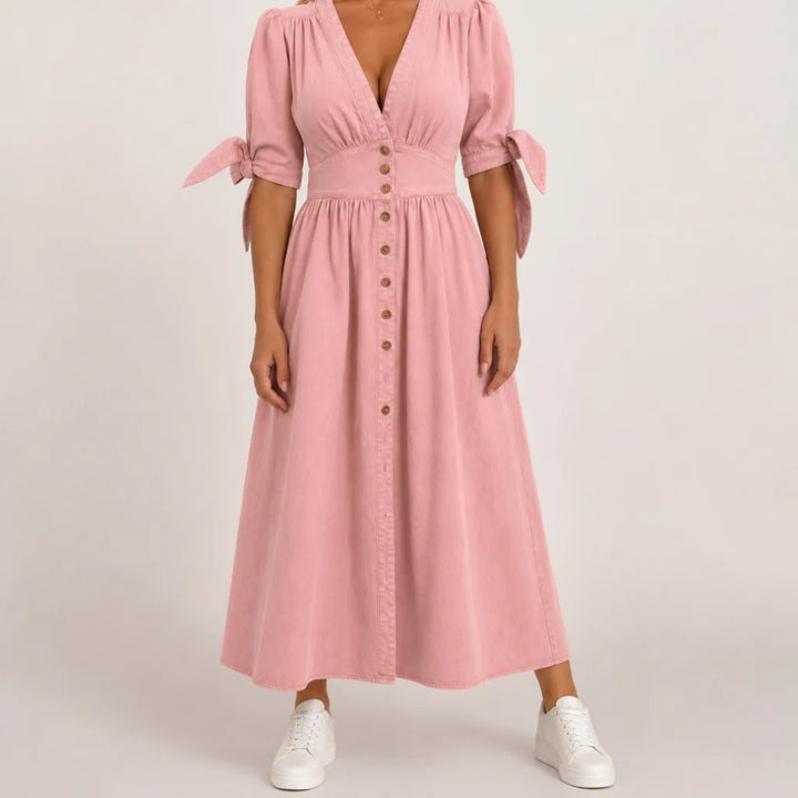 Théodora | Vintage Button Front Flare Denim Dress - Color:Pink;Size:XS