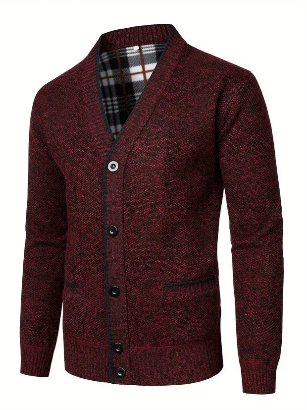 Tom | Men's V-Neck Knit Cardigan  - Color:Red;Size:S