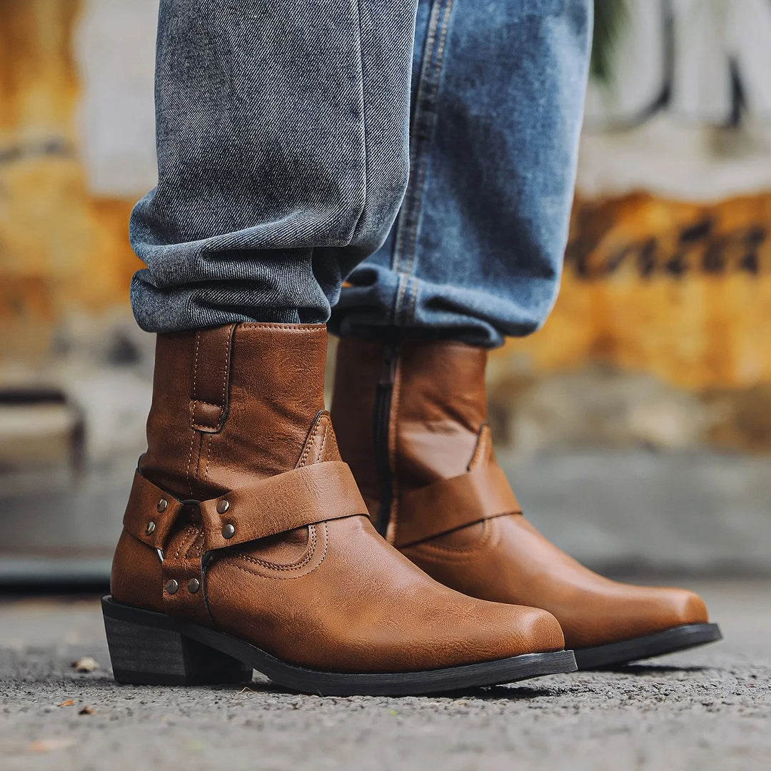Tomos | Men's Cowboy Ankle Boots  - Color:Cognac Brown;Size:40