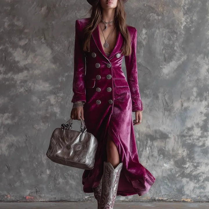 Tyra | Women's Button-Front Velvet Trench Coat - Color:Berry;Size:XS