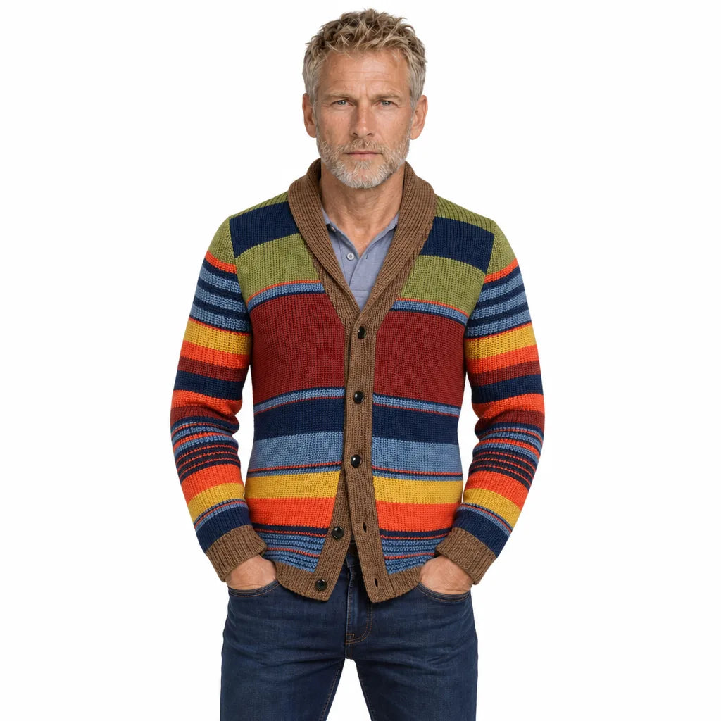Men's Navy & Lime Stripe Tyrell | Men's Striped Shawl-Collar Cardigan -No match