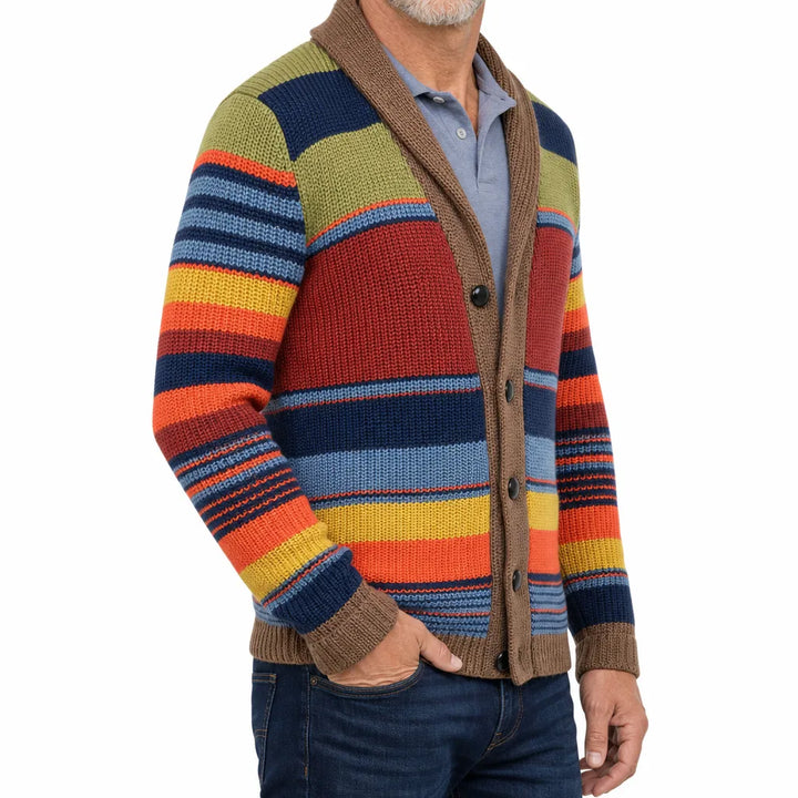 Men's Navy & Lime Stripe Tyrell | Men's Striped Shawl-Collar Cardigan -No match